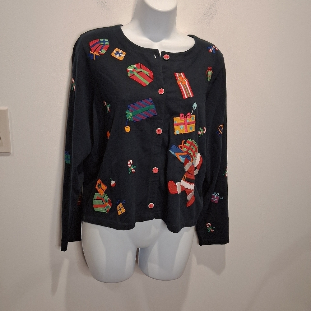 Michael Simon Size M Black Cardigan With Christmas Santa Embroiderey
